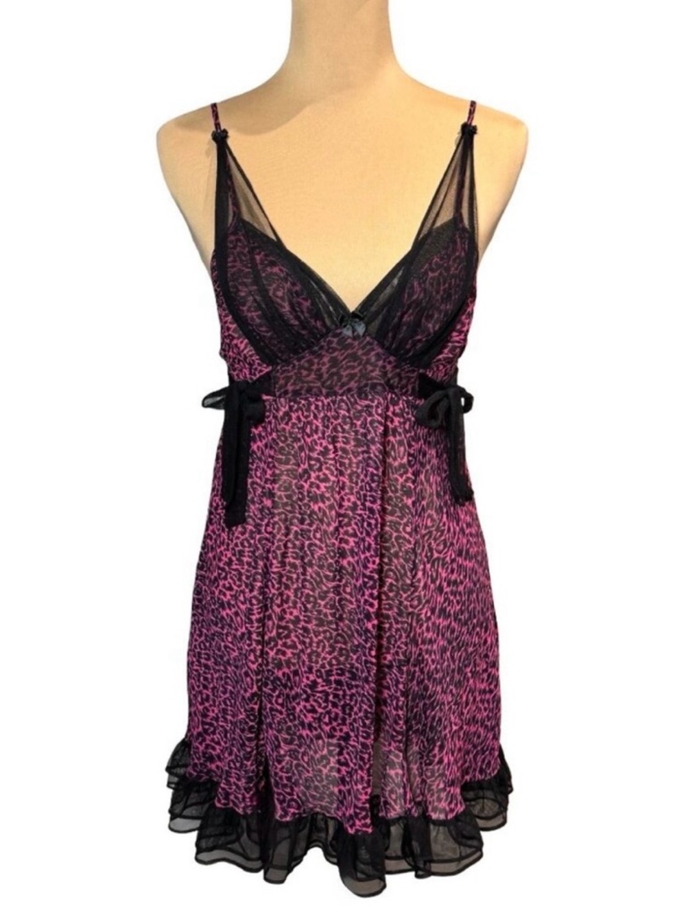 Betsey Johnson Y2K Ruffle Babydoll Dress Sz S Pink Bow Coquette Sexy Romantic